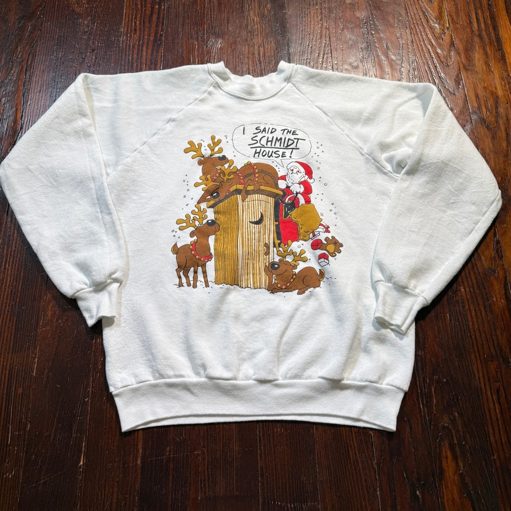 Vintage 90s Christmas Sweatshirt Men XL Schmidt House Santa Reindeer USA Funny